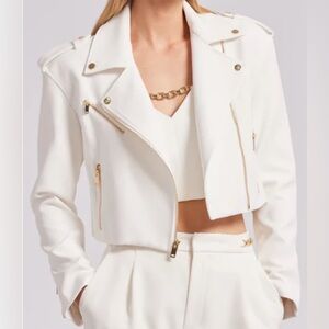 Cropped White Moto-Style Blazer Jacket for Women